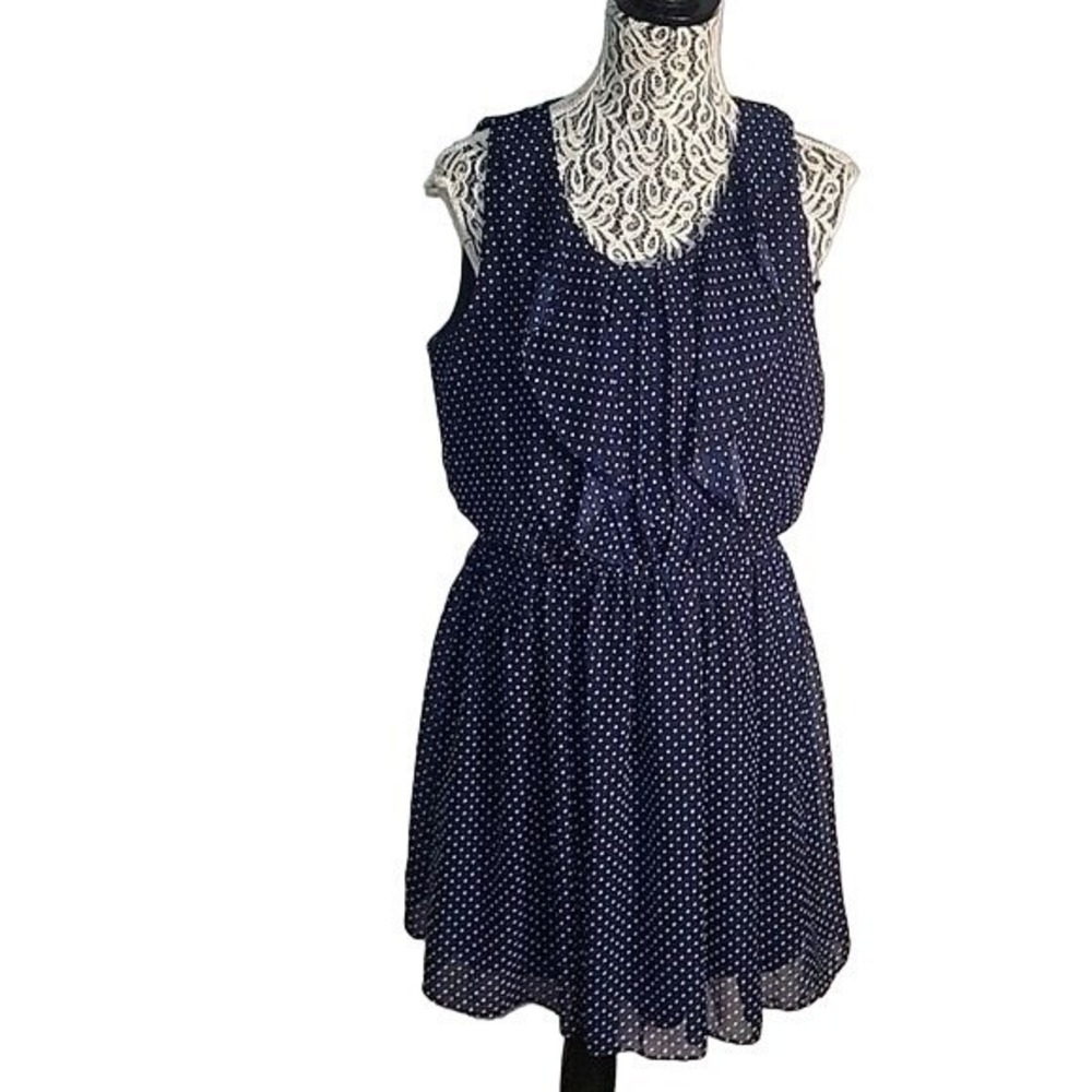 IZ Byer Navy Blue Polka‎ Dot Sleeveless Ruffle Neck Fit and Flare Dress XL